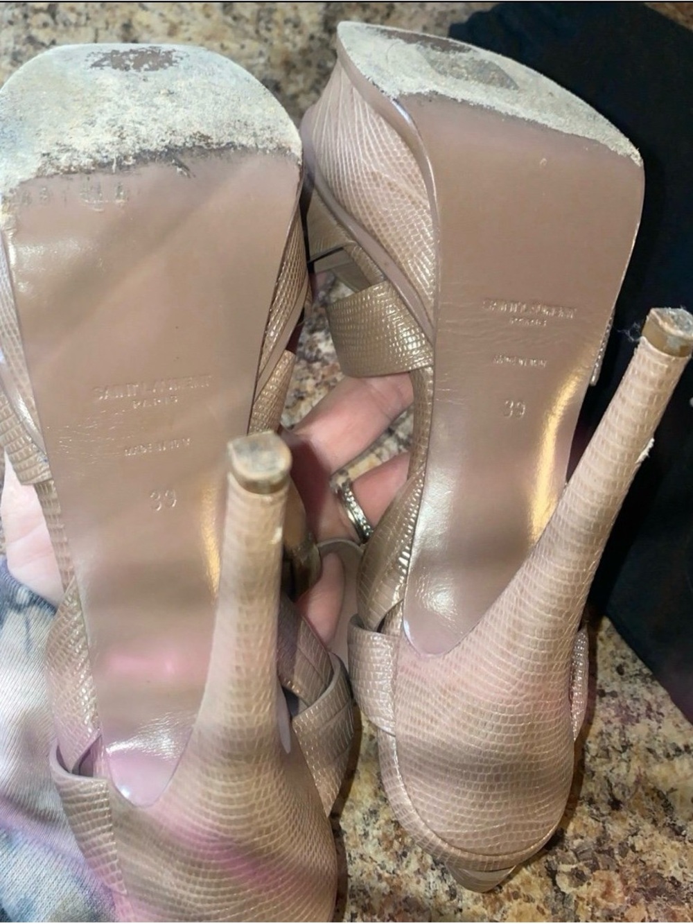 Saint Laurent Nude Tribute Croc-Embossed Leather T-Strap Heels - Picture 5 of 8